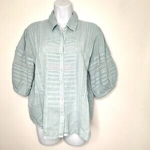 Sundance Short Sleeve Collared Button Down Lace Pin Tucks Seafoam M